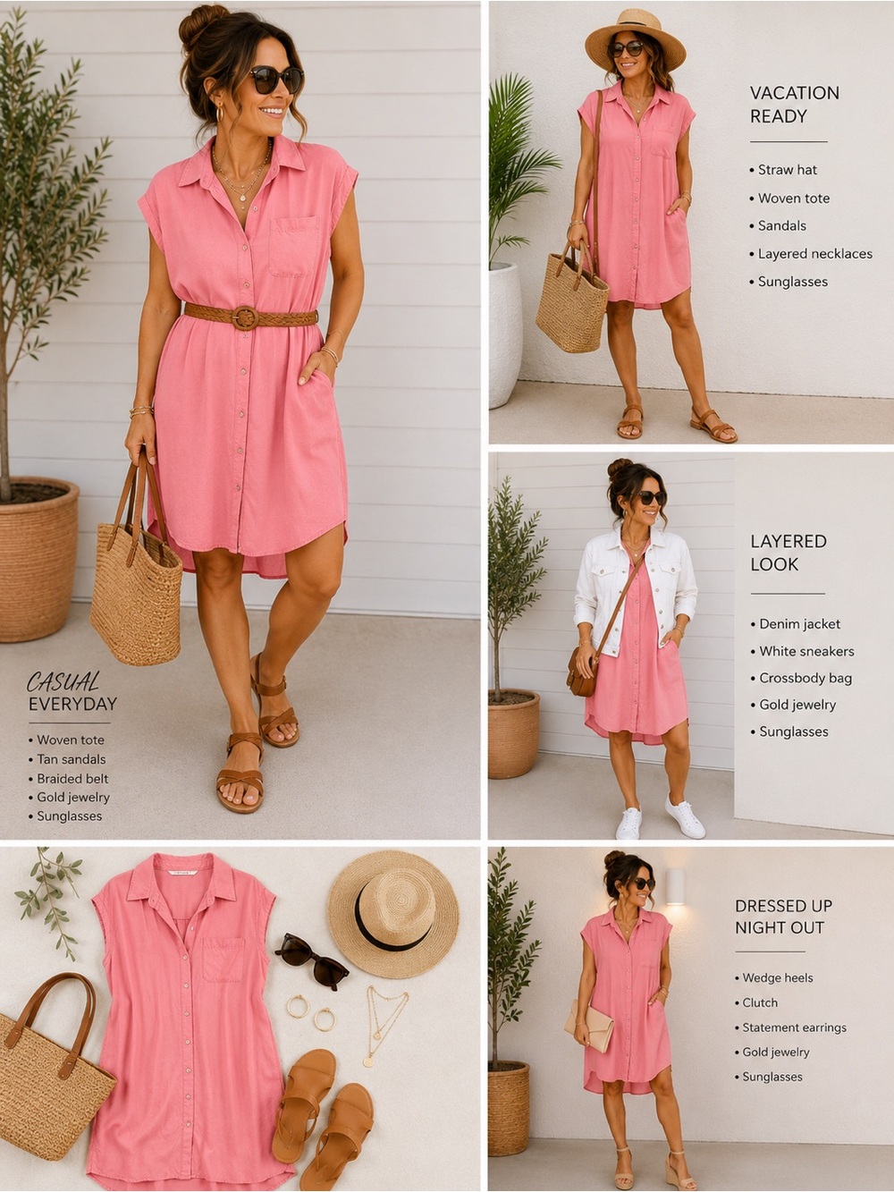 Sleeveless Button-Front Pink Shirt Dress